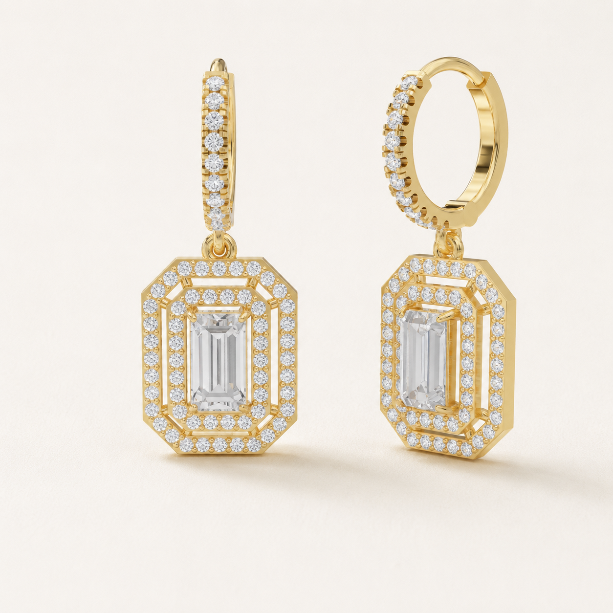 0.800 CT Baguette Cut Lab Grown Diamond Halo Drop Hoop Earrings in White Gold, Yellow Gold & Rose Gold