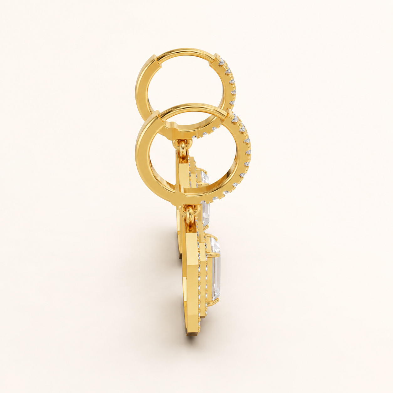0.800 CT Baguette Cut Lab Grown Diamond Halo Drop Hoop Earrings in White Gold, Yellow Gold & Rose Gold - view 2