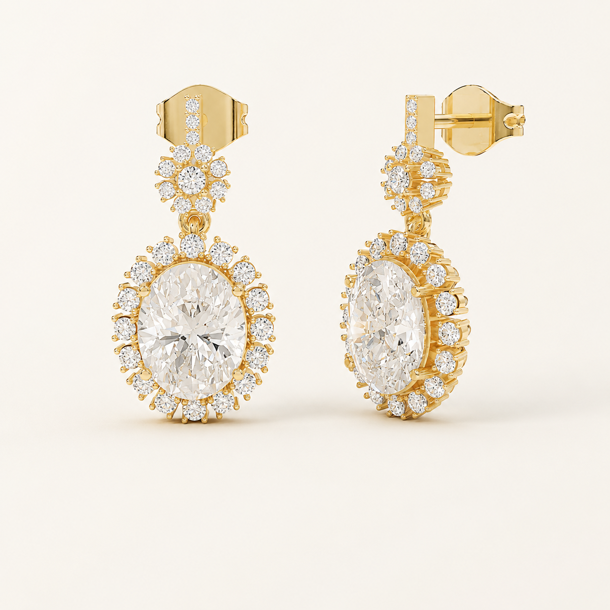 3.340 CT Oval Lab-Grown Diamond Halo Drop Earrings in White Gold, Yellow Gold & Rose Gold