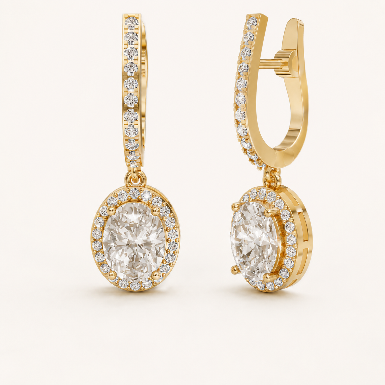 3.340 CT Oval Lab-Grown Diamond Halo Drop Earrings in White Gold, Yellow Gold & Rose Gold