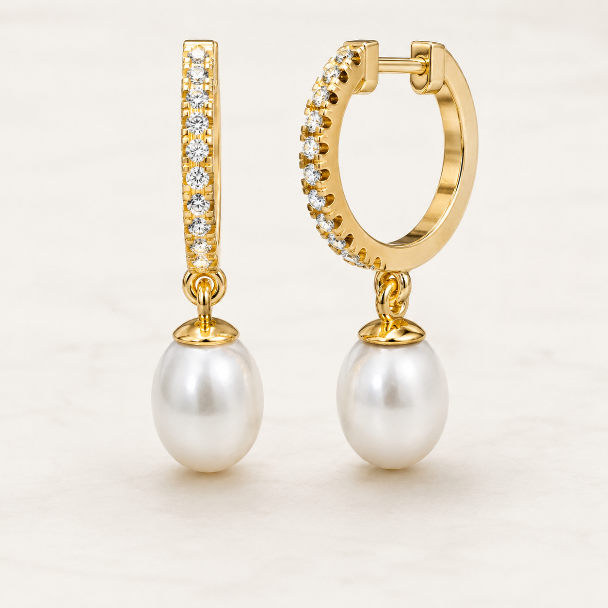 0.176 CT Round Lab-Grown Diamond Pearl Drop Hoop Earrings in White Gold, Yellow Gold & Rose Gold