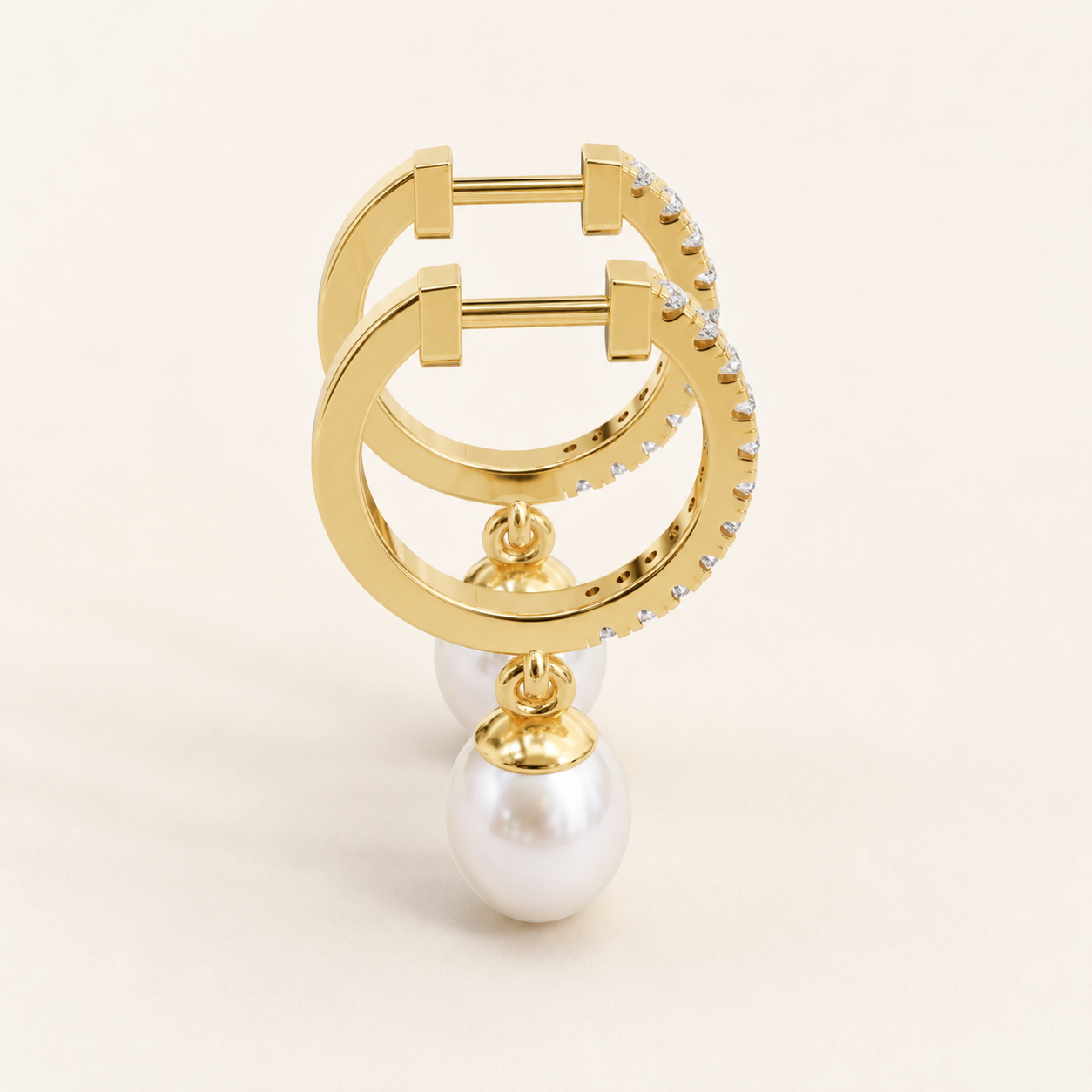 0.176 CT Round Lab-Grown Diamond Pearl Drop Hoop Earrings in White Gold, Yellow Gold & Rose Gold - view 2