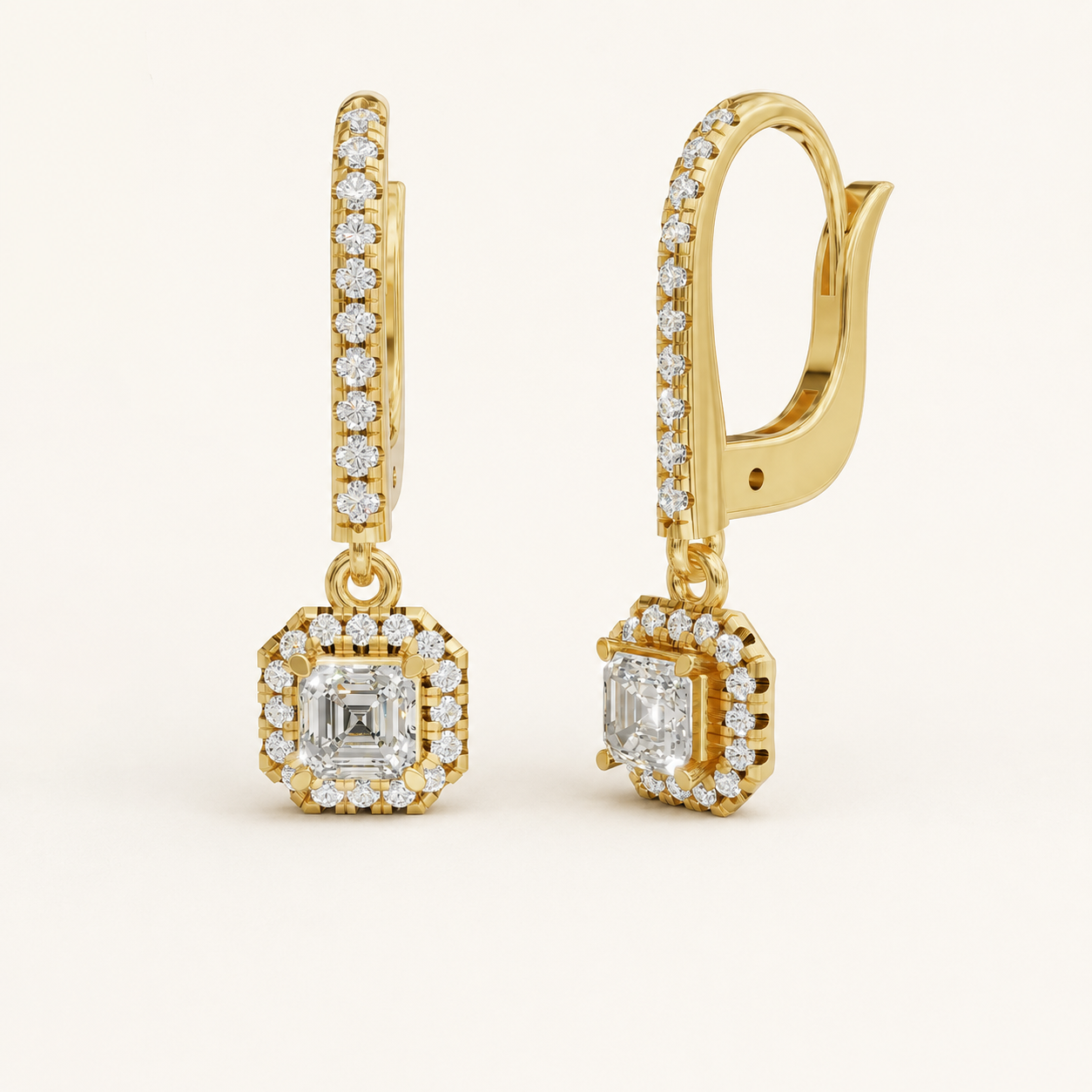 0.440 CT Emerald-Cut Lab-Grown Diamond Halo Drop Earrings in White Gold, Yellow Gold & Rose Gold