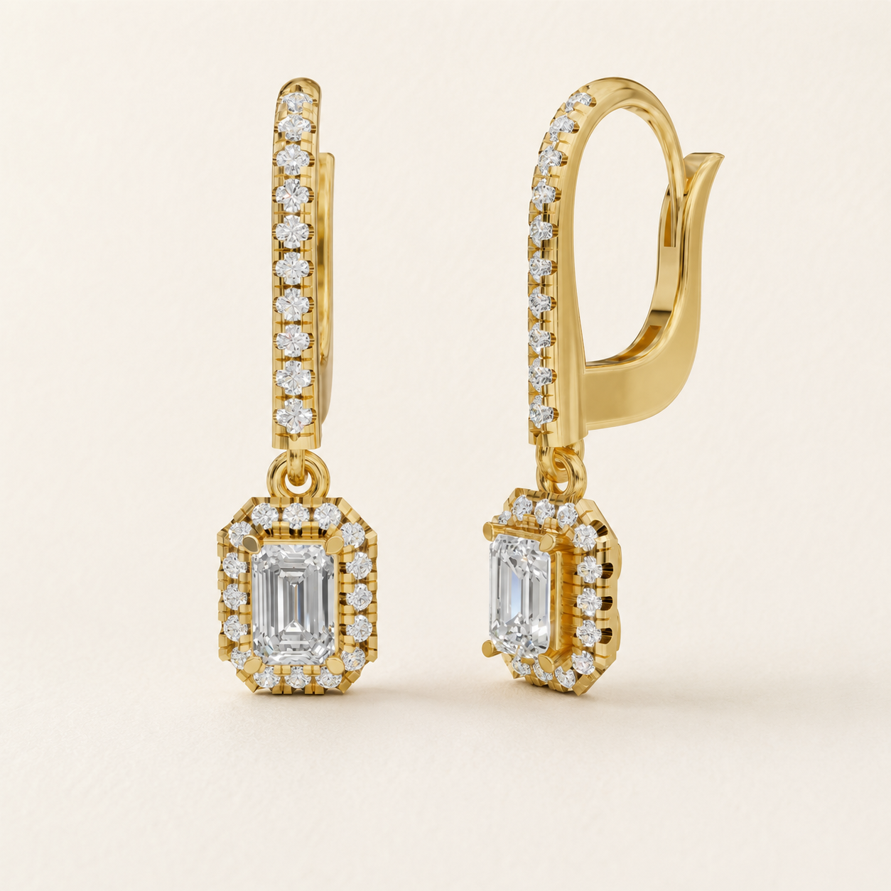 0.440 CT Emerald-Cut Lab-Grown Diamond Halo Drop Earrings in White Gold, Yellow Gold & Rose Gold