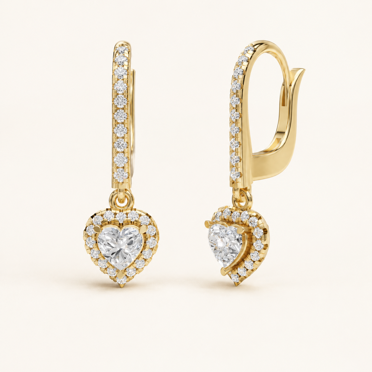 0.500 CT Heart-Cut Lab-Grown Diamond Halo Drop Earrings in White Gold, Yellow Gold & Rose Gold