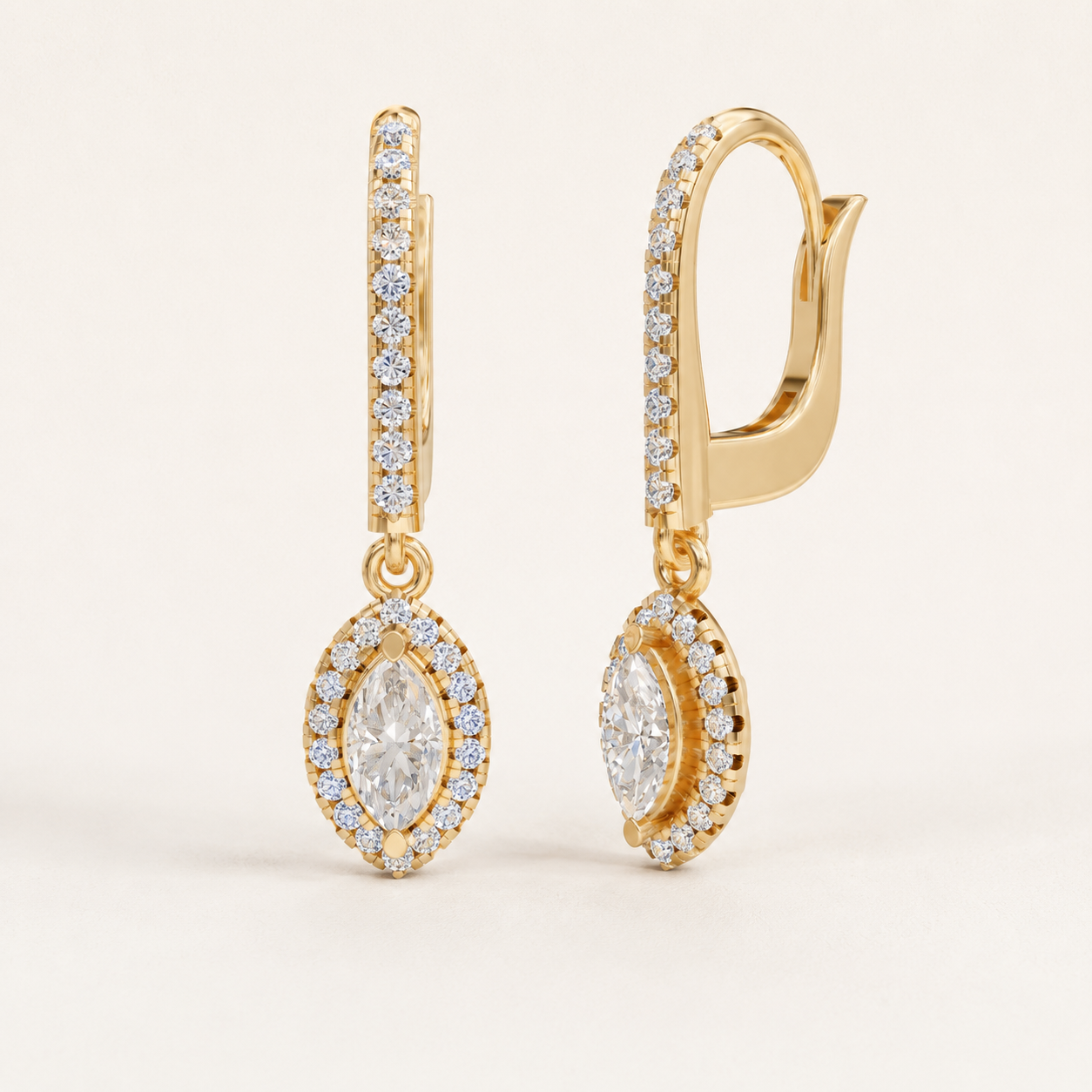0.700 CT Marquise Lab-Grown Diamond Halo Drop Earrings in White Gold, Yellow Gold & Rose Gold