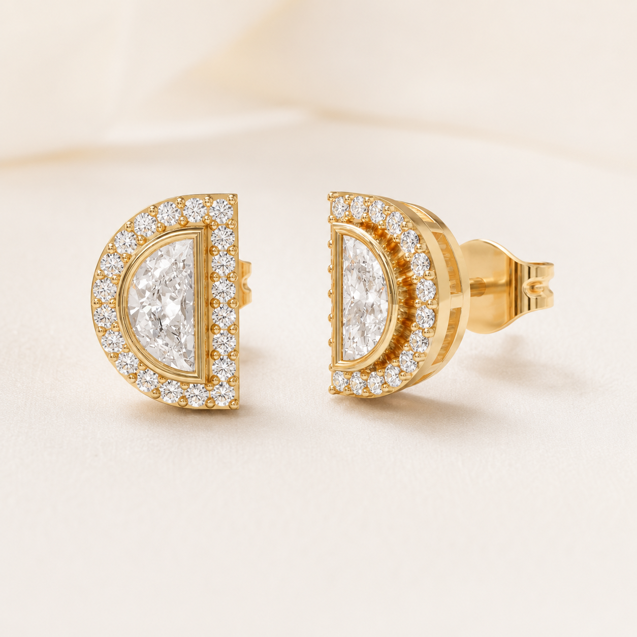0.400 CT Half Moon Lab-Grown Diamond Halo Stud Earrings in White Gold, Yellow Gold & Rose Gold
