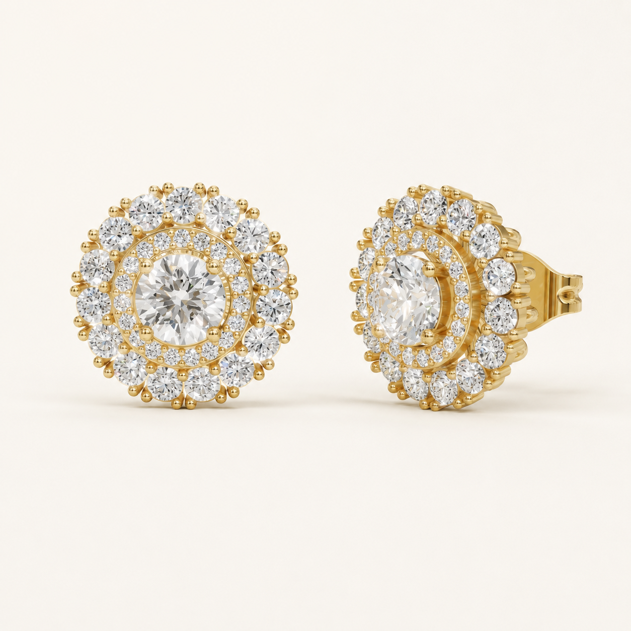 1.00 CT Round Lab-Grown Diamond Double Halo Floral Stud Earrings in White Gold, Yellow Gold & Rose Gold