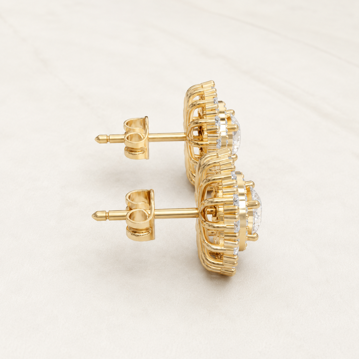 1.00 CT Round Lab-Grown Diamond Double Halo Floral Stud Earrings in White Gold, Yellow Gold & Rose Gold - view 2