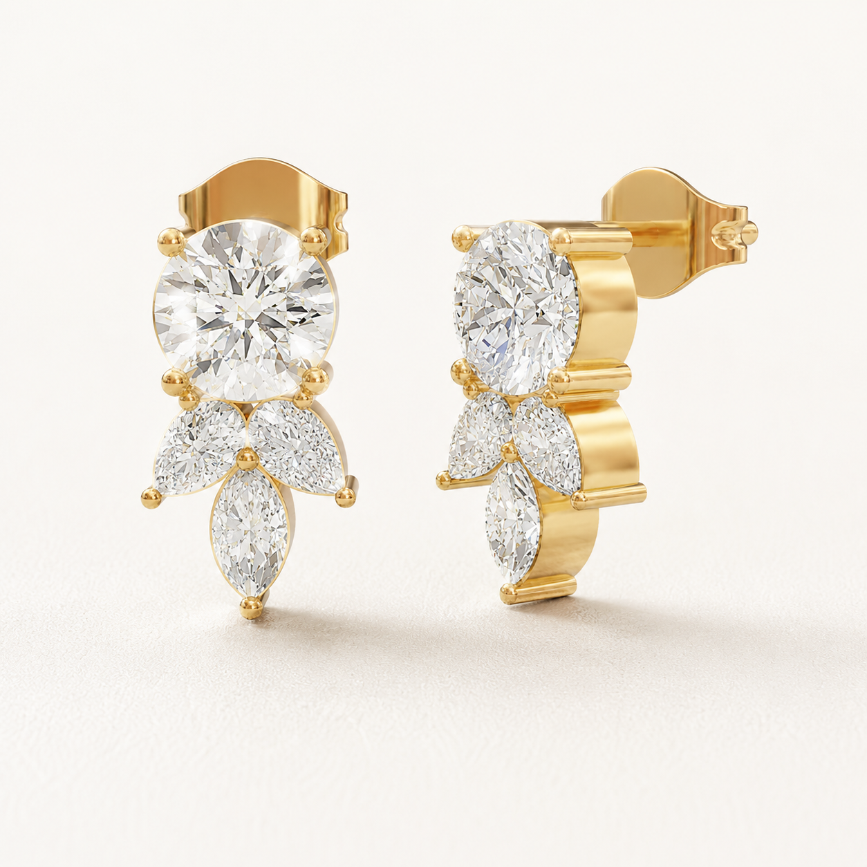 1.68 CT Round & Marquise Lab-Grown Diamond Floral Drop Stud Earrings in White Gold, Yellow Gold & Rose Gold