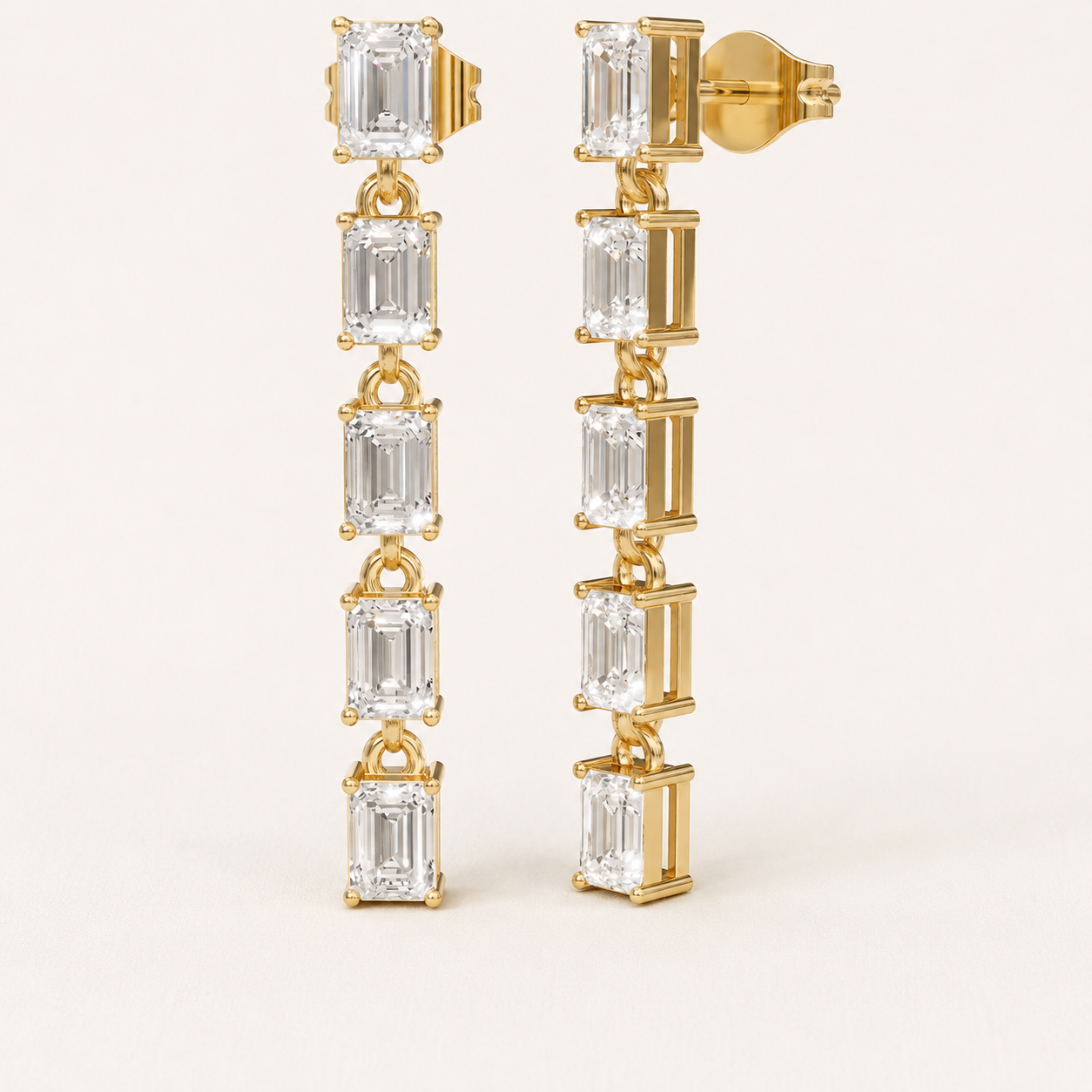 2.40 CT Emerald-Cut Lab-Grown Diamond Linear Drop Earrings in White Gold, Yellow Gold & Rose Gold