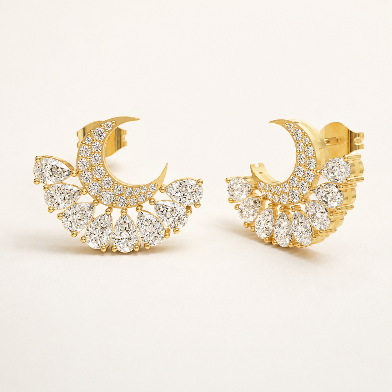 2.88 CT Pear-Cut Lab-Grown Diamond Crescent Moon Stud Earrings in White Gold, Yellow Gold & Rose Gold