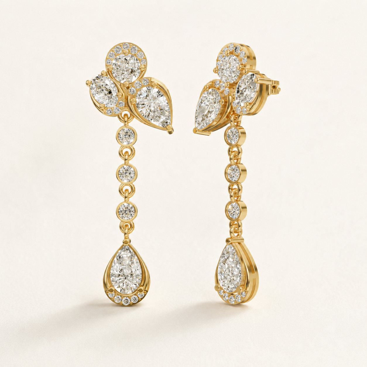 4.00 CT Pear & Round Lab-Grown Diamond Long Drop Earrings in White Gold, Yellow Gold & Rose Gold