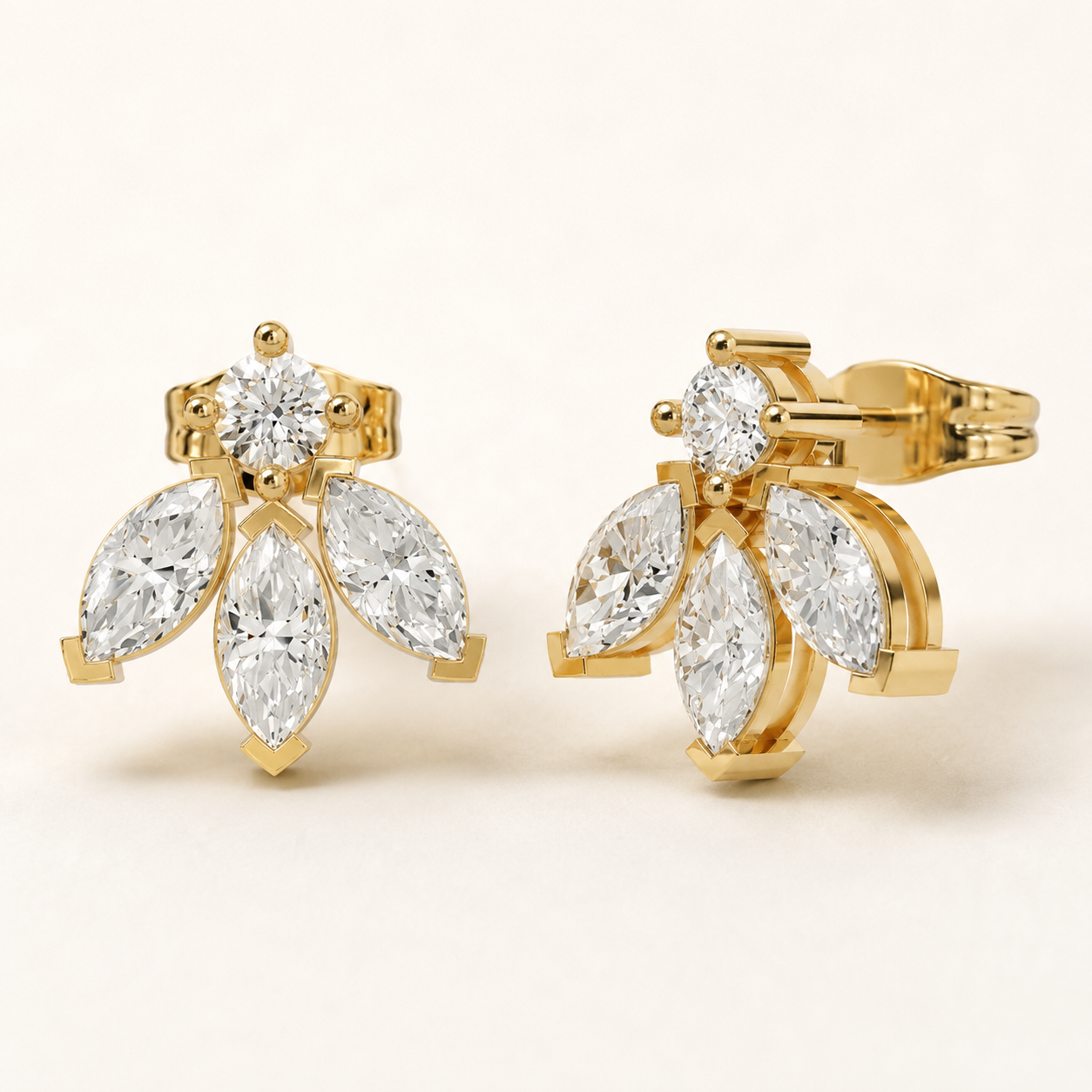 2.10 CT Marquise & Round Lab-Grown Diamond Floral Stud Earrings in White Gold, Yellow Gold & Rose Gold