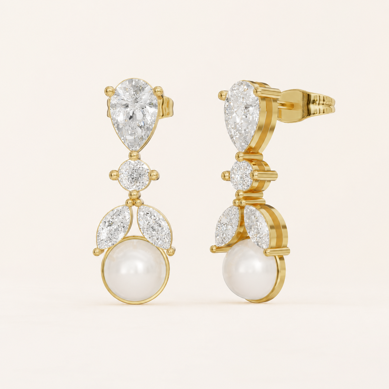 1.00 CT Pear, Round & Marquise Lab-Grown Diamond Pearl Drop Earrings in White Gold, Yellow Gold & Rose Gold