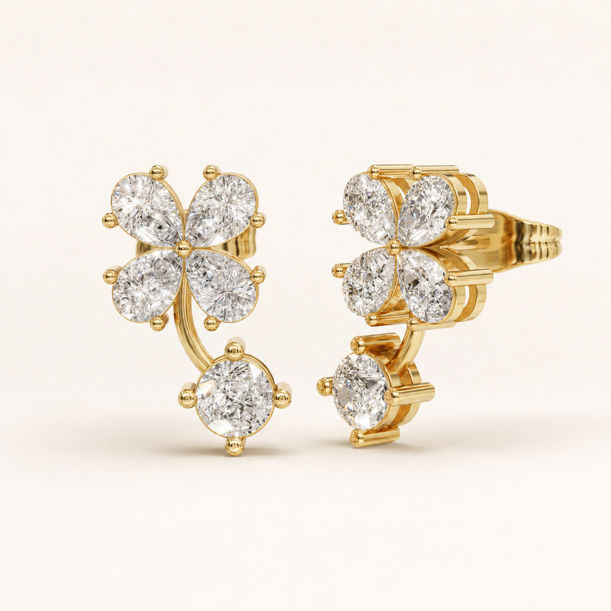 1.60 CT Pear & Round Lab-Grown Diamond Floral Drop Stud Earrings in White Gold, Yellow Gold & Rose Gold