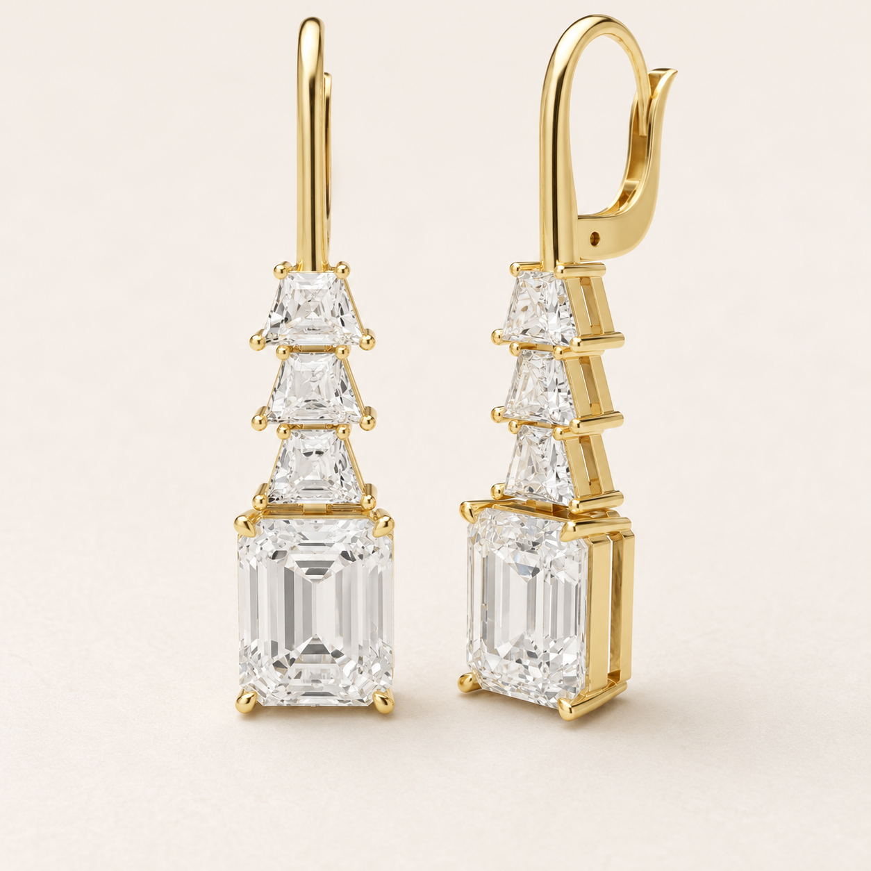 7.42 CT Emerald & Trapezoid Lab-Grown Diamond Drop Earrings in White Gold, Yellow Gold & Rose Gold
