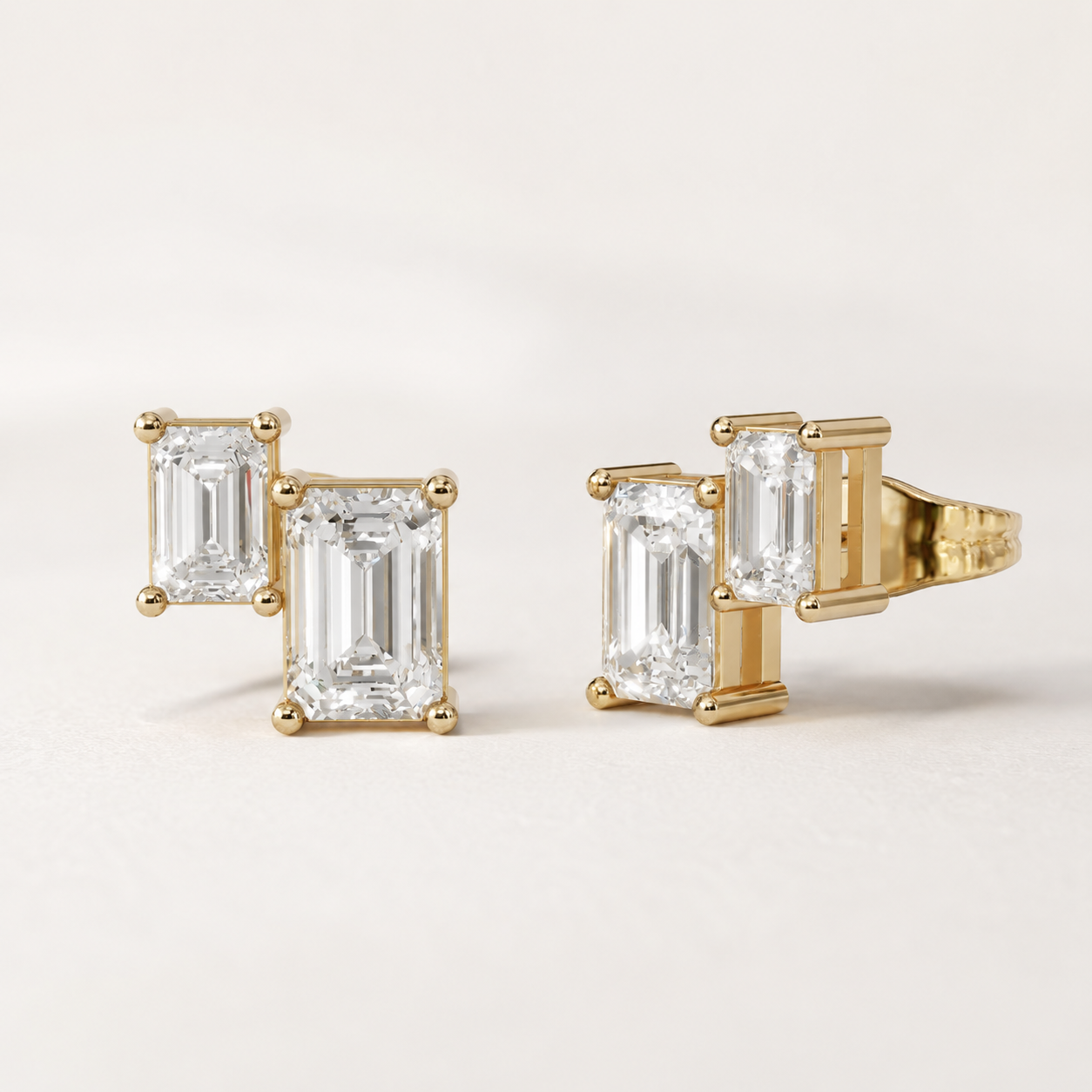 1.12 CT Emerald-Cut Lab-Grown Diamond Double-Stone Stud Earrings in White Gold, Yellow Gold & Rose Gold