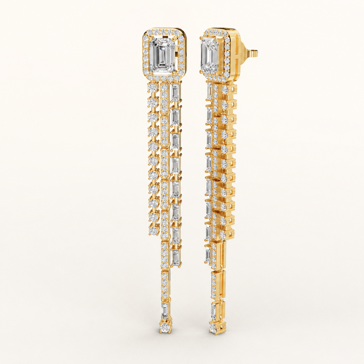 2.00 CT Emerald, Baguette & Round Lab-Grown Diamond Tassel Earrings in White Gold, Yellow Gold & Rose Gold
