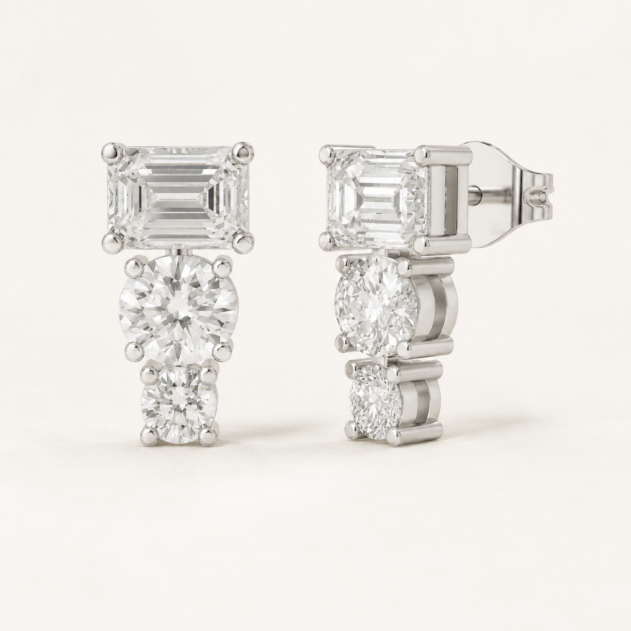 1.12 CT Emerald & Round Lab-Grown Diamond Drop Stud Earrings in White Gold, Yellow Gold & Rose Gold
