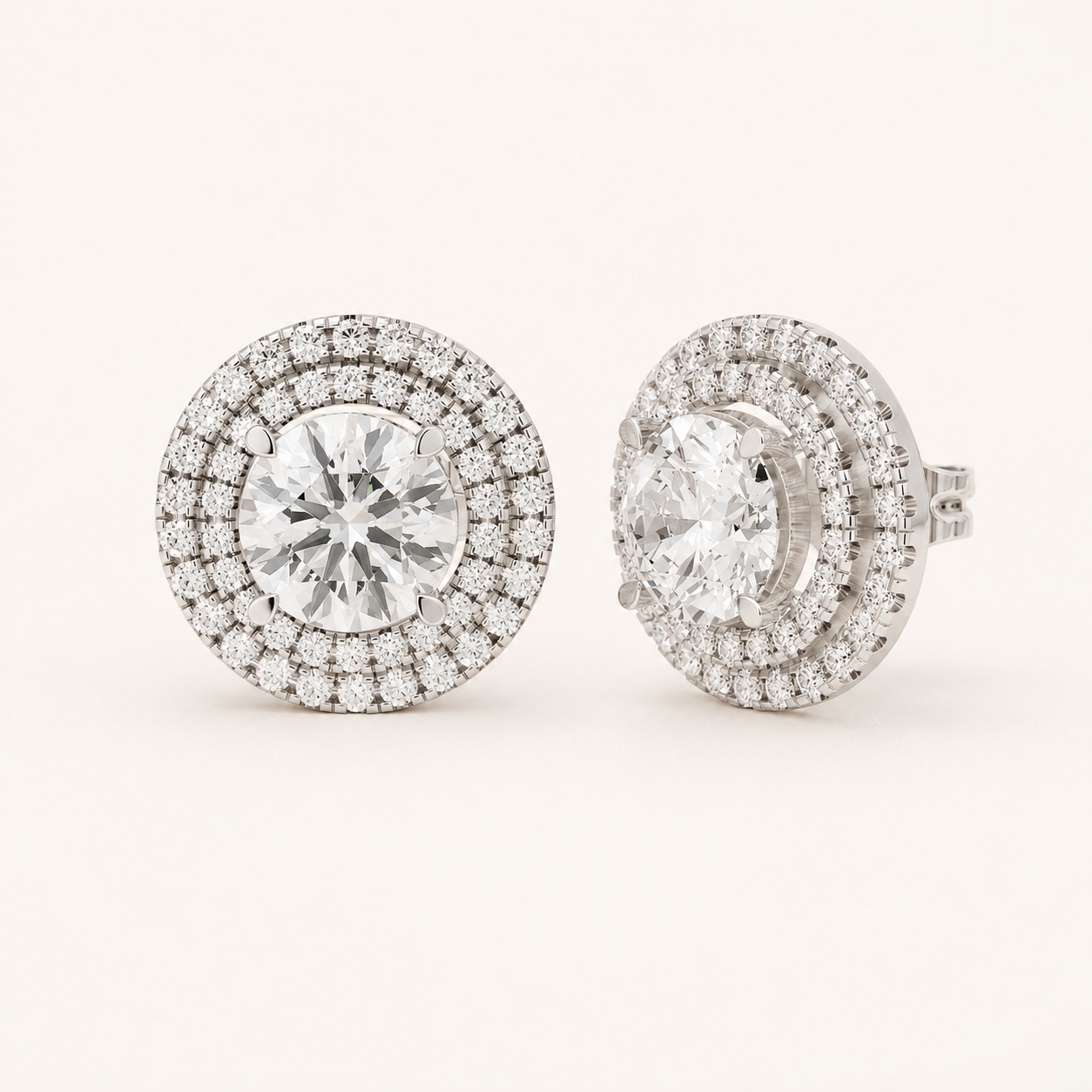 2.10 CT Round Lab-Grown Diamond Double Halo Stud Earrings in White Gold, Yellow Gold & Rose Gold
