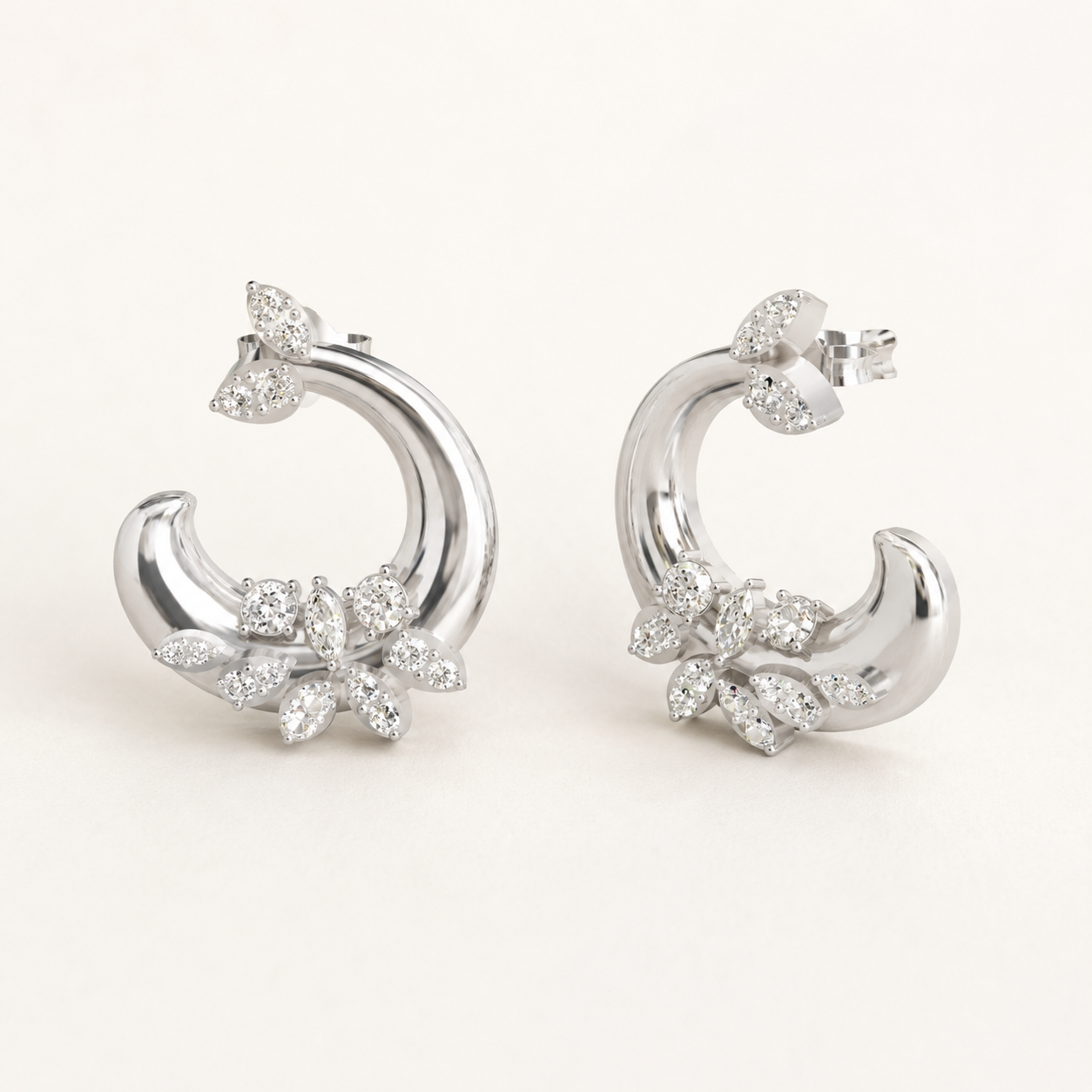 0.280 CT Round & Marquise Lab-Grown Diamond Floral Crescent Stud Earrings in White Gold, Yellow Gold & Rose Gold