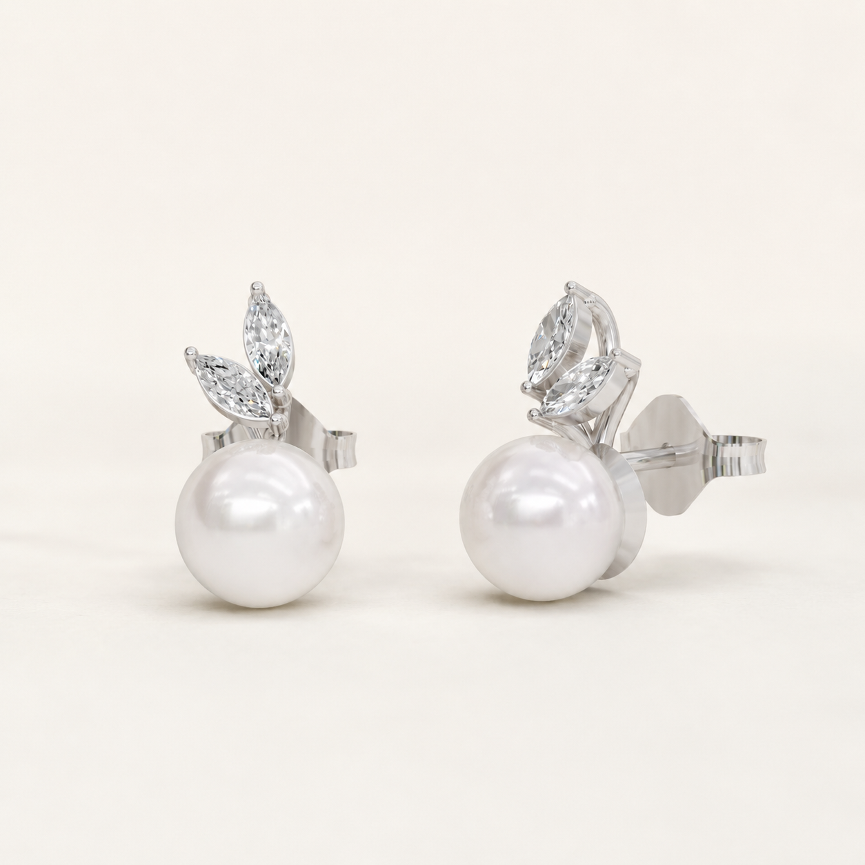 0.160 CT Marquise Lab-Grown Diamond Pearl Stud Earrings in White Gold, Yellow Gold & Rose Gold