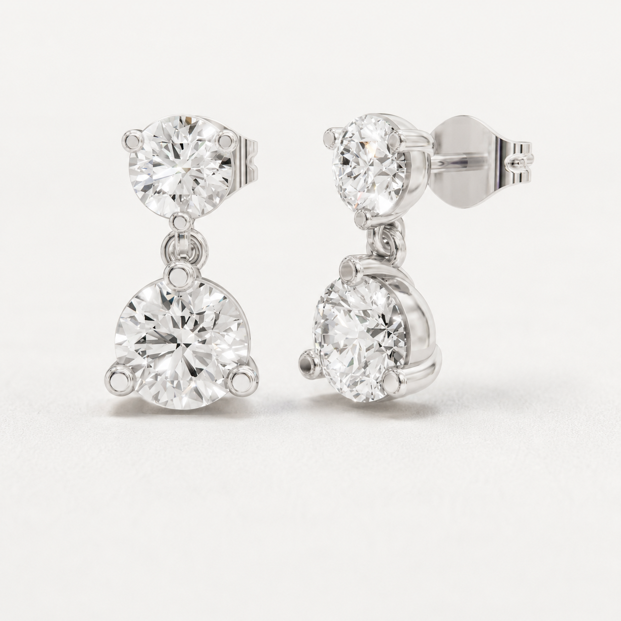 2.00 CT Round Lab-Grown Diamond Two-Stone Drop Earrings in White Gold, Yellow Gold & Rose Gold