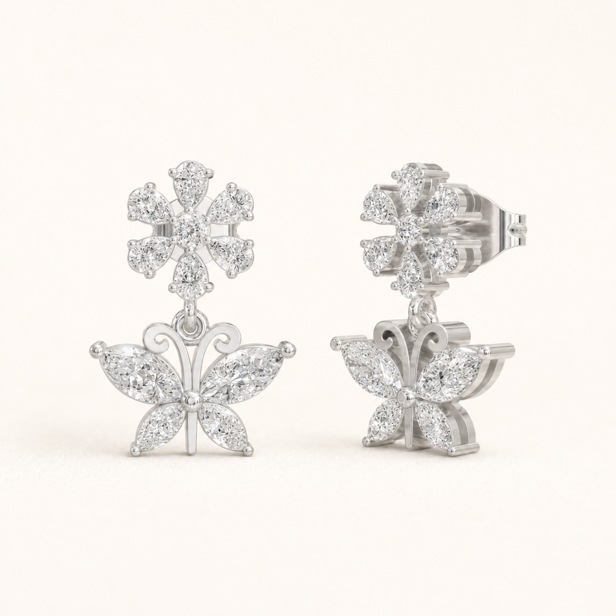 1.56 CT Pear, Marquise & Round Lab-Grown Diamond Butterfly Drop Earrings in White Gold, Yellow Gold & Rose Gold