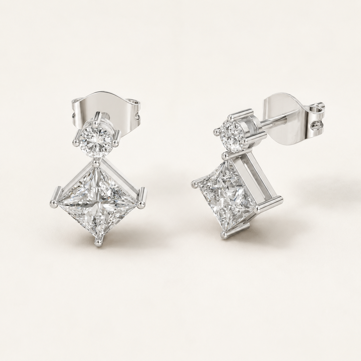 1.50 CT Princess & Round Lab-Grown Diamond Drop Stud Earrings in White Gold, Yellow Gold & Rose Gold