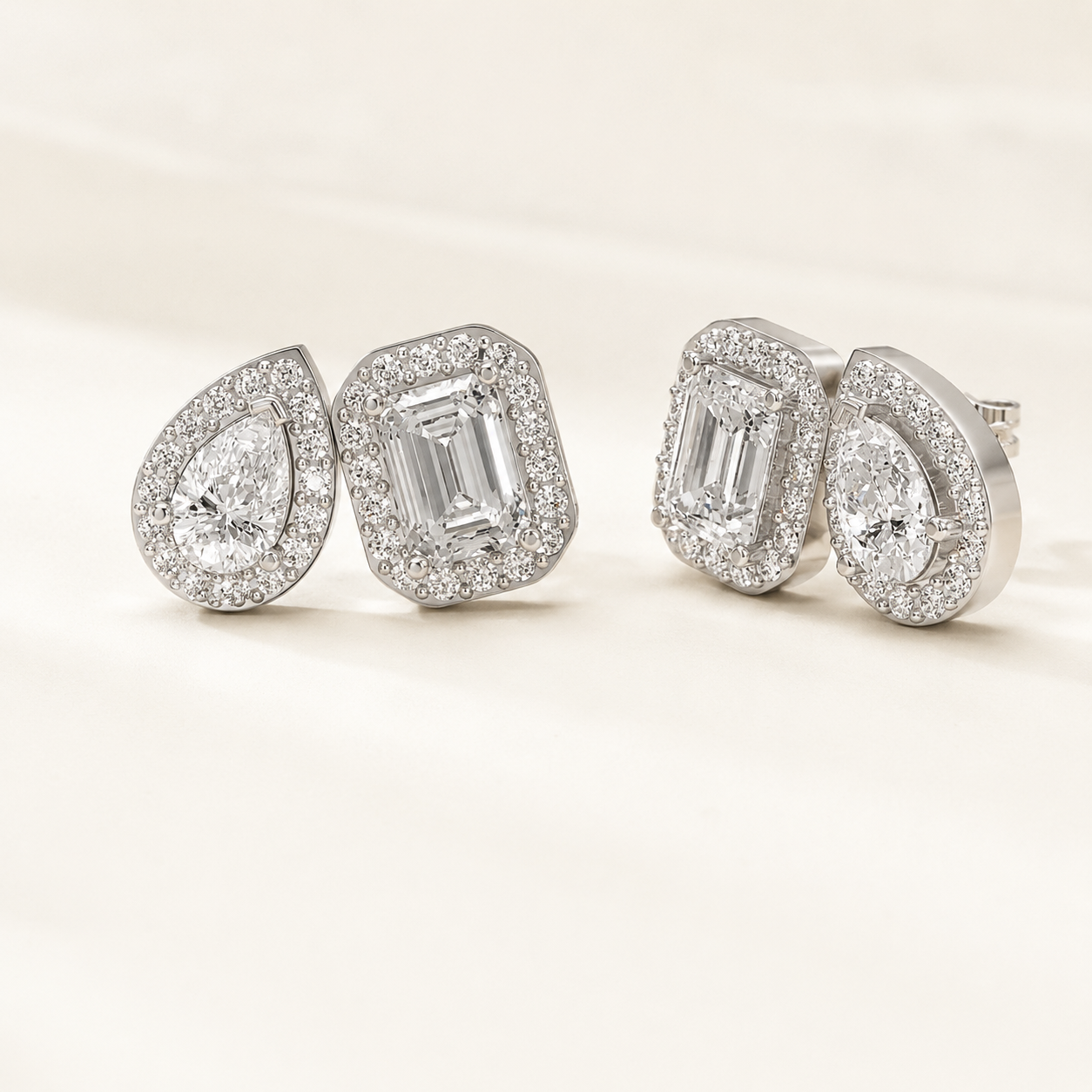 1.90 CT Emerald, Pear & Round Lab-Grown Diamond Halo Stud Earrings in White Gold, Yellow Gold & Rose Gold