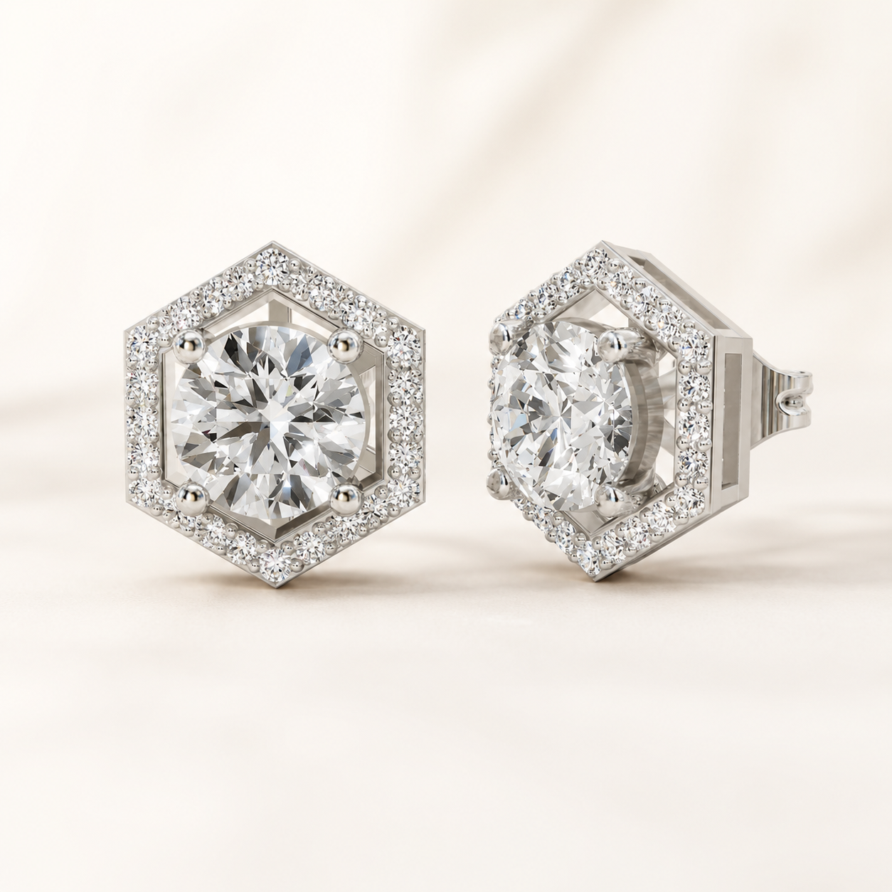 Round 2.54 CT Diamond Hexagon Stud Earrings in White, Rose & Yellow Gold