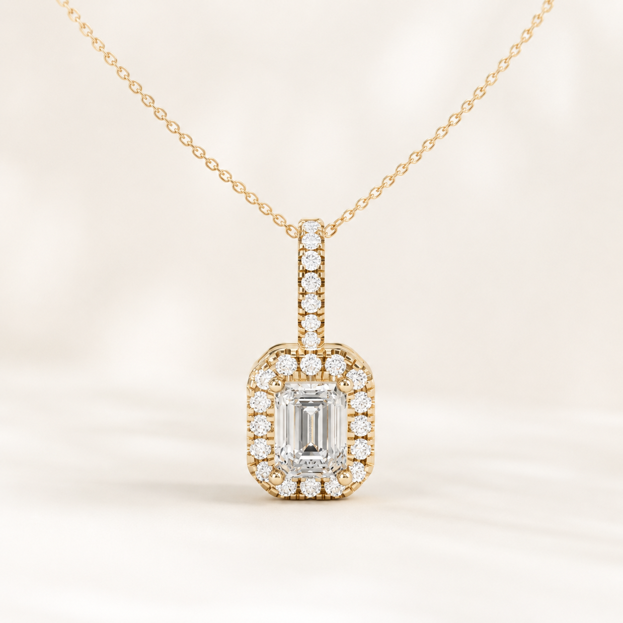 1.25 CT Emerald Cut Lab-Grown Diamond Halo Pendant Necklace in White Gold, Yellow Gold & Rose Gold