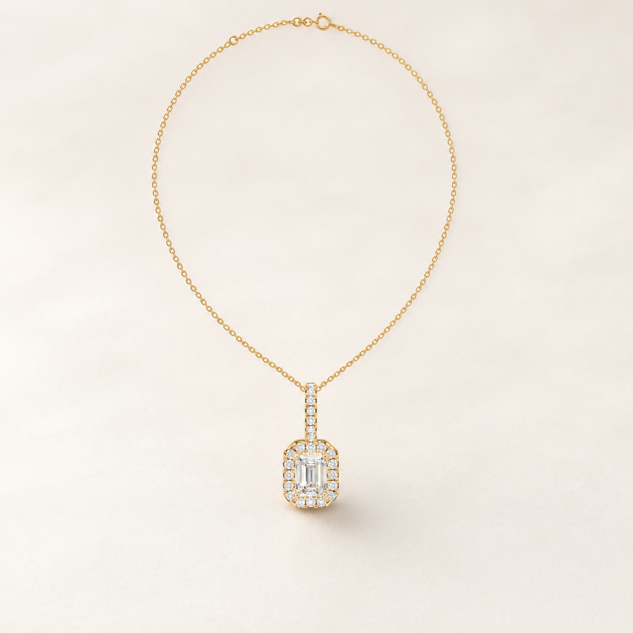 1.25 CT Emerald Cut Lab-Grown Diamond Halo Pendant Necklace in White Gold, Yellow Gold & Rose Gold - view 2