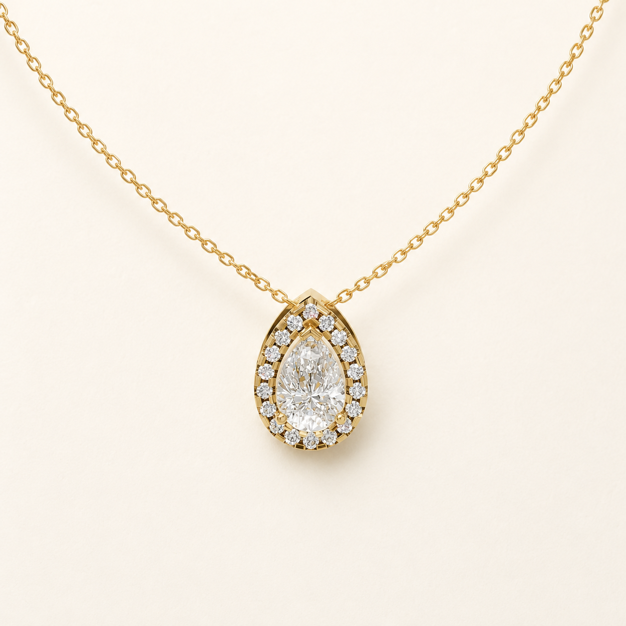0.690 CT Pear Cut Lab-Grown Diamond Halo Pendant Necklace in White Gold, Yellow Gold & Rose Gold