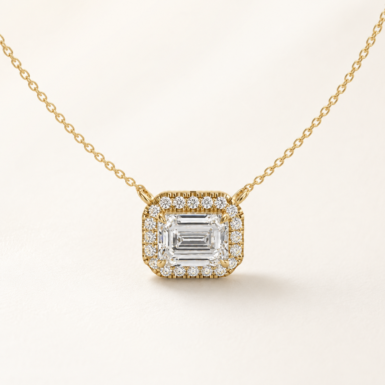 1.67 CT Emerald Cut Lab-Grown Diamond Halo Pendant Necklace in White Gold, Yellow Gold & Rose Gold
