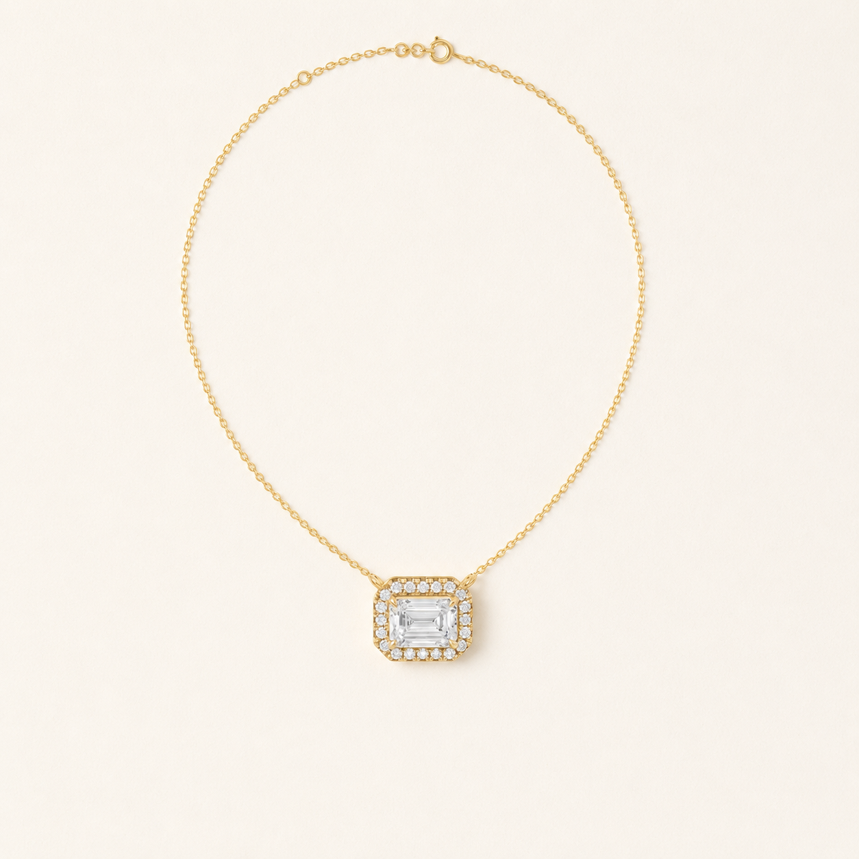 1.67 CT Emerald Cut Lab-Grown Diamond Halo Pendant Necklace in White Gold, Yellow Gold & Rose Gold - view 2