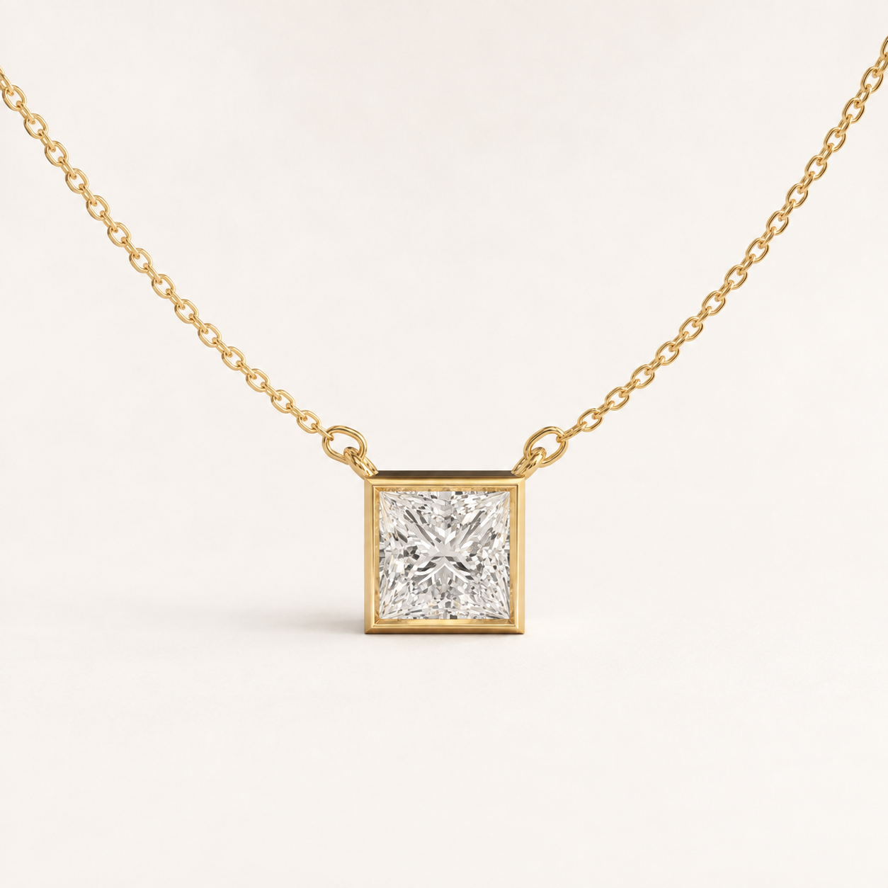 2.00 CT Princess Cut Lab-Grown Diamond Bezel Pendant Necklace in White Gold, Yellow Gold & Rose Gold