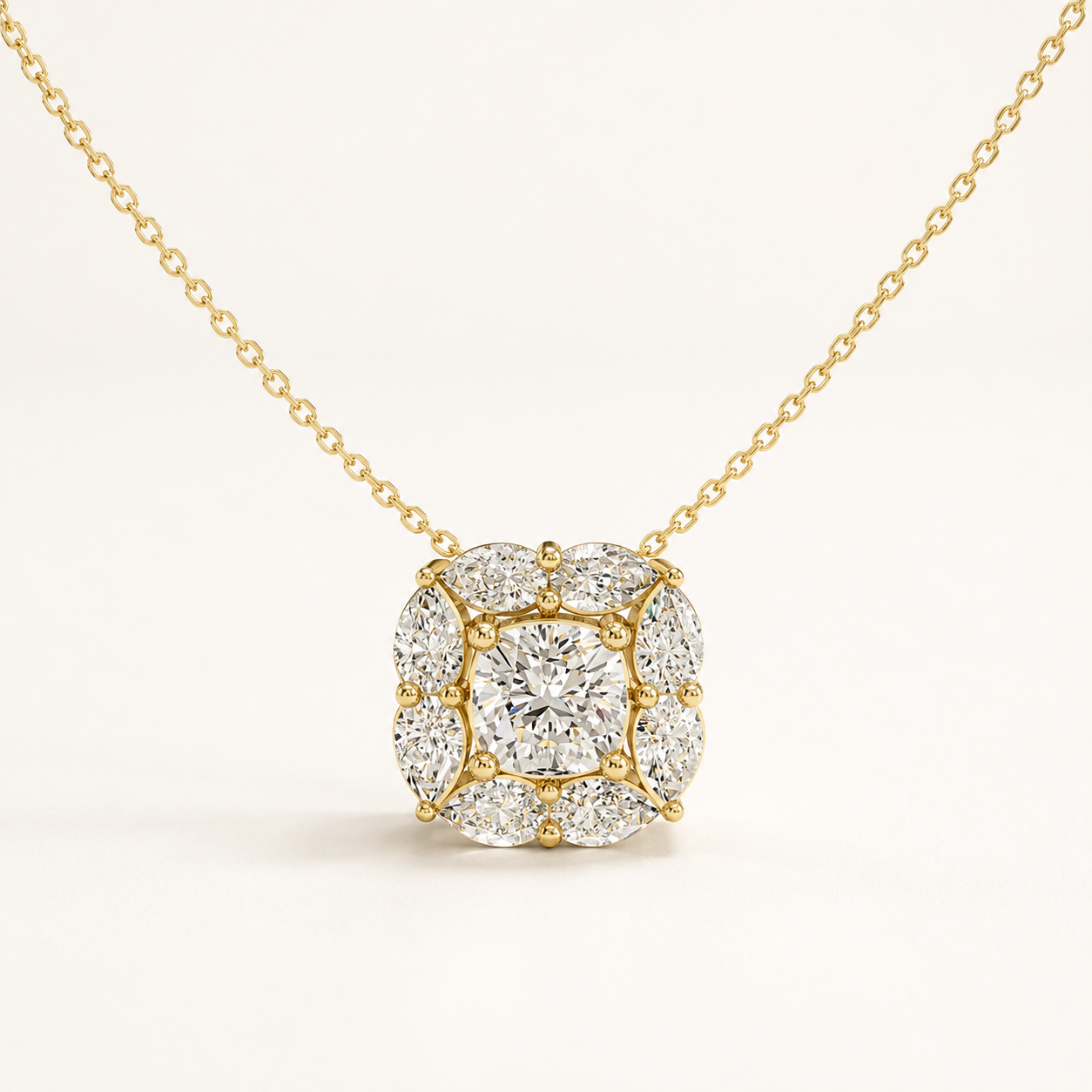 0.800 CT Pear & Cushion Lab-Grown Diamond Cluster Pendant Necklace in White Gold, Yellow Gold & Rose Gold