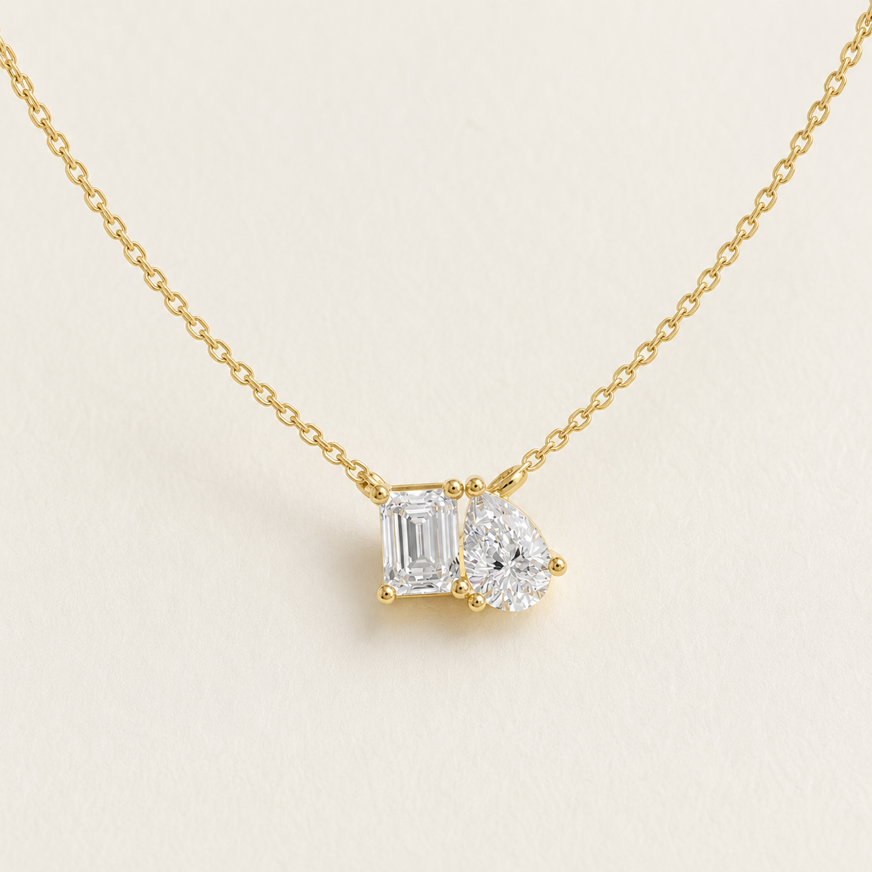 0.600 CT Pear & Emerald Lab-Grown Diamond Duo Pendant Necklace in White Gold, Yellow Gold & Rose Gold