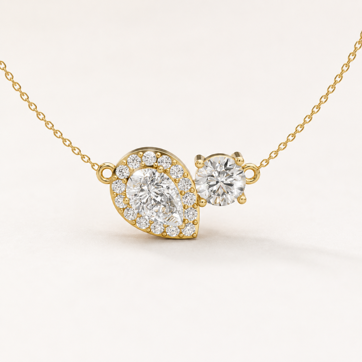 1.10 CT Pear & Round Lab-Grown Diamond Two-Stone Halo Pendant Necklace in White Gold, Yellow Gold & Rose Gold