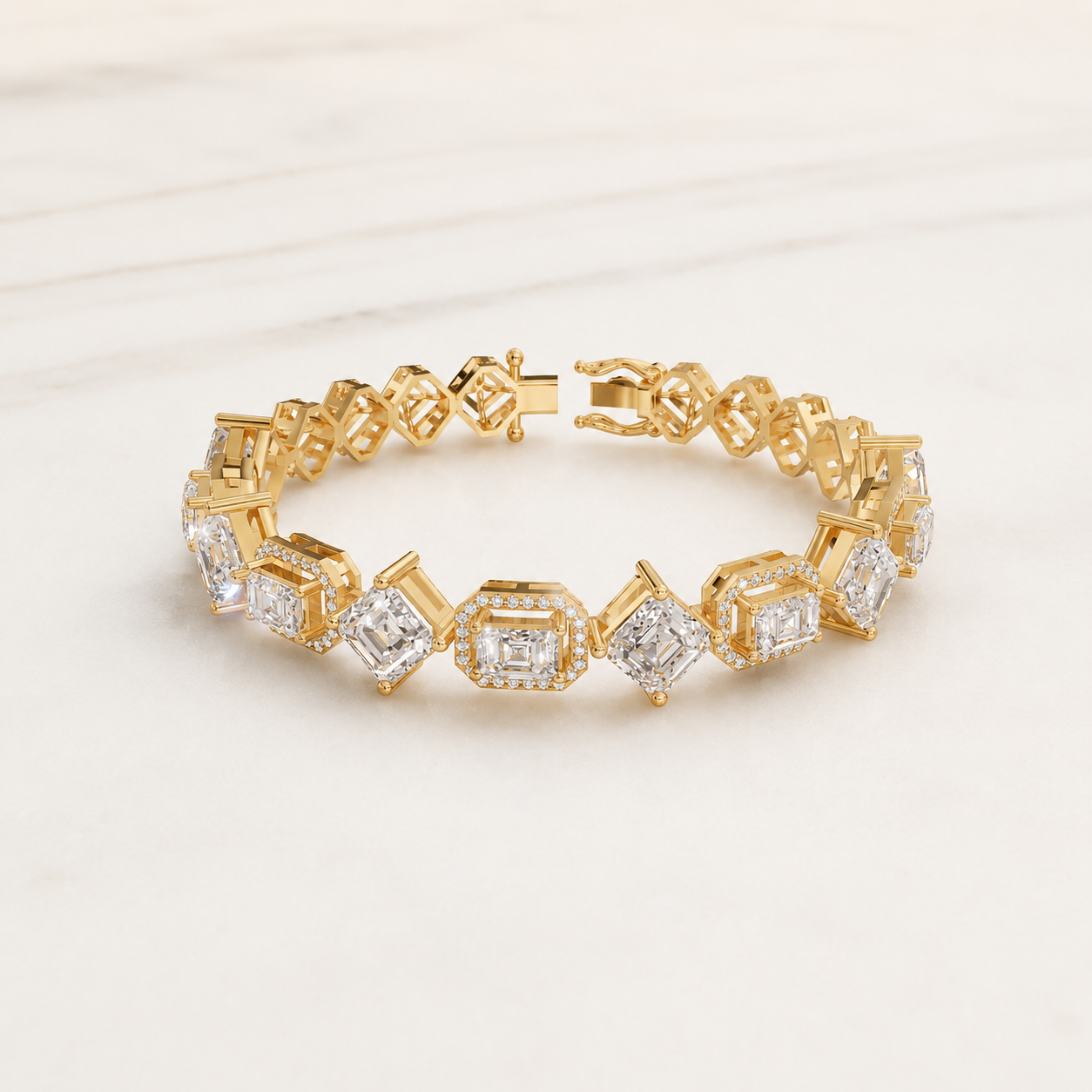 9.00 CT Emerald Cut Lab-Grown Diamond Halo Tennis Bracelet in White Gold, Yellow Gold & Rose Gold
