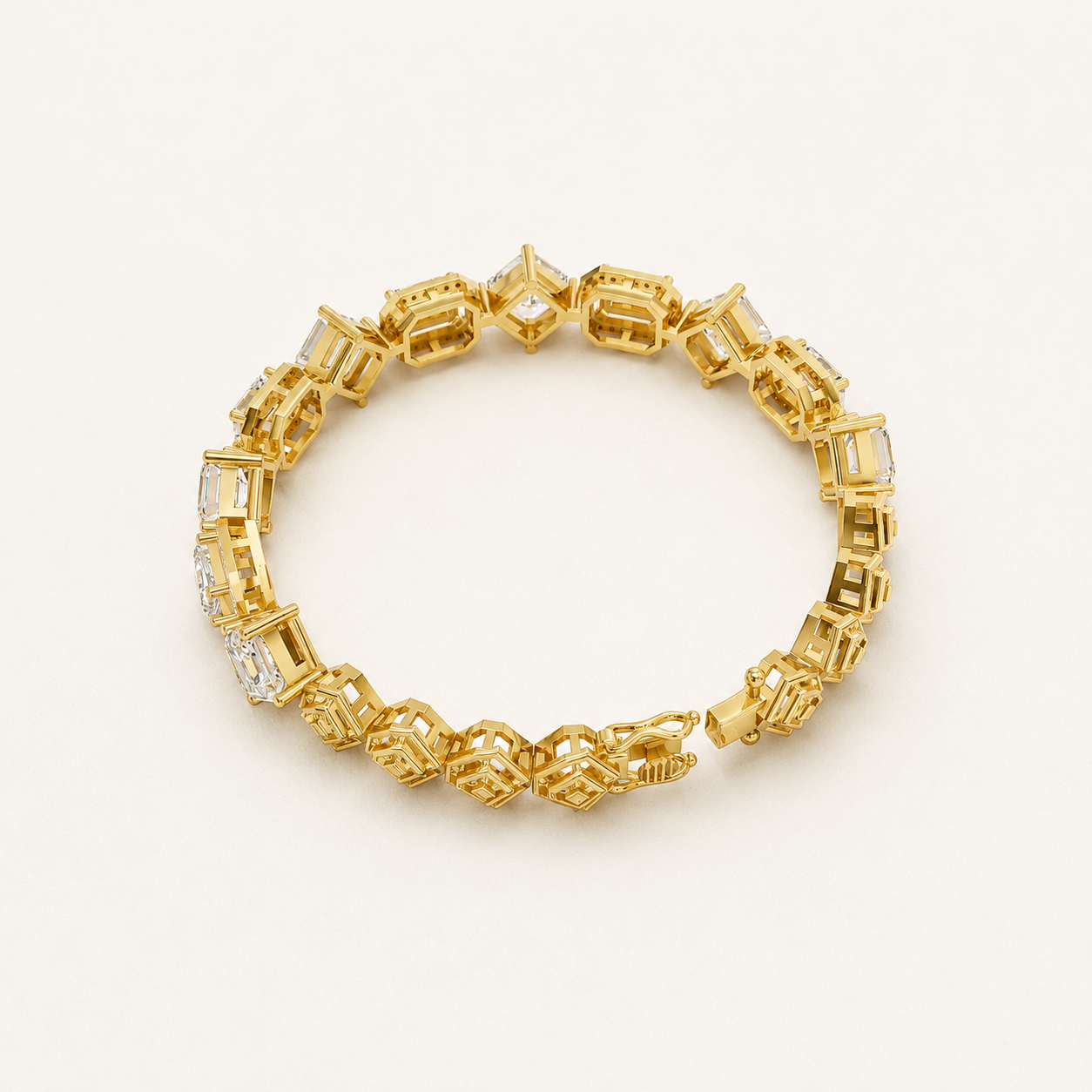 9.00 CT Emerald Cut Lab-Grown Diamond Halo Tennis Bracelet in White Gold, Yellow Gold & Rose Gold - view 2
