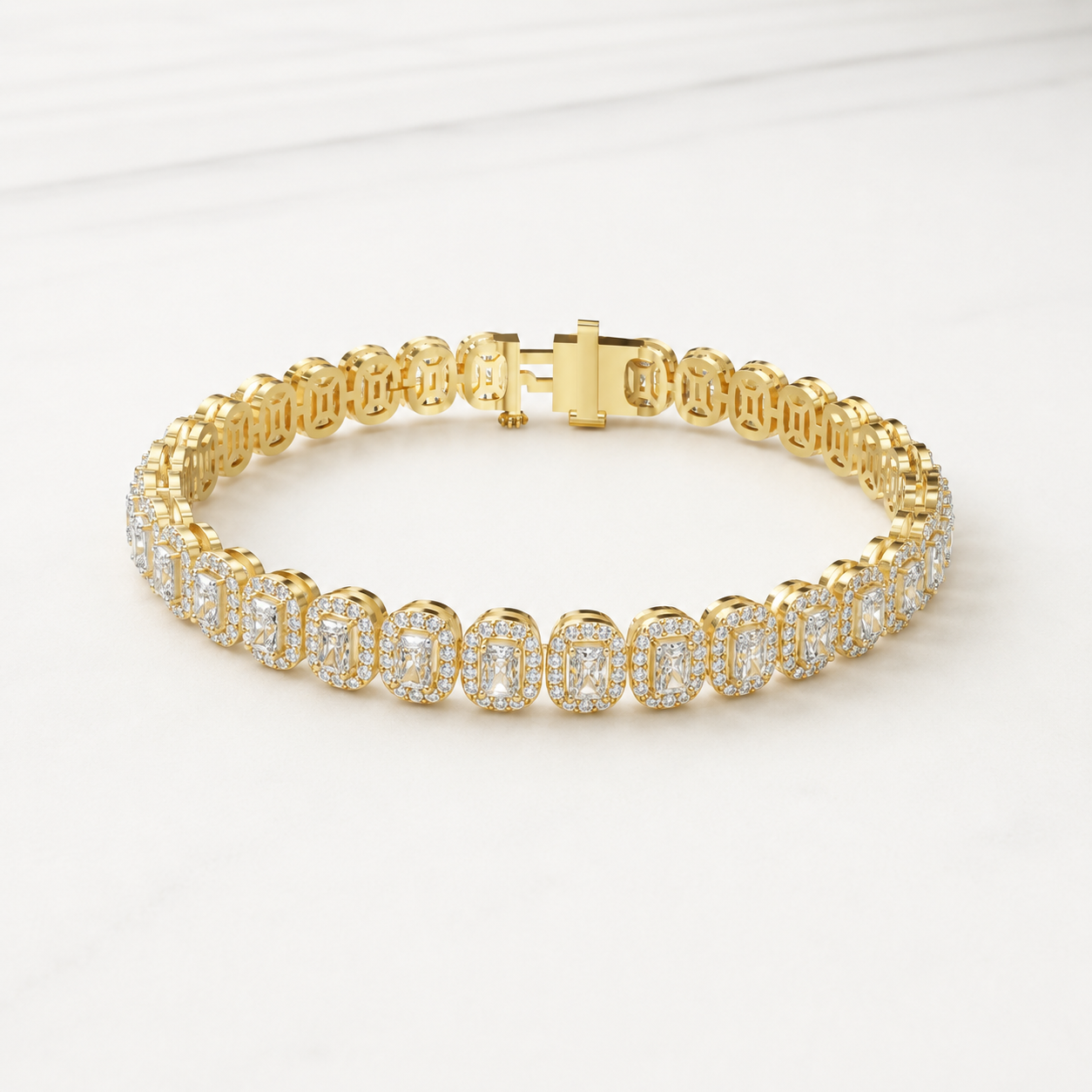 4.95 CT Emerald Cut Lab-Grown Diamond Halo Tennis Bracelet in White Gold, Yellow Gold & Rose Gold