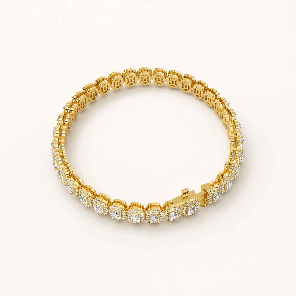 4.95 CT Emerald Cut Lab-Grown Diamond Halo Tennis Bracelet in White Gold, Yellow Gold & Rose Gold - view 2