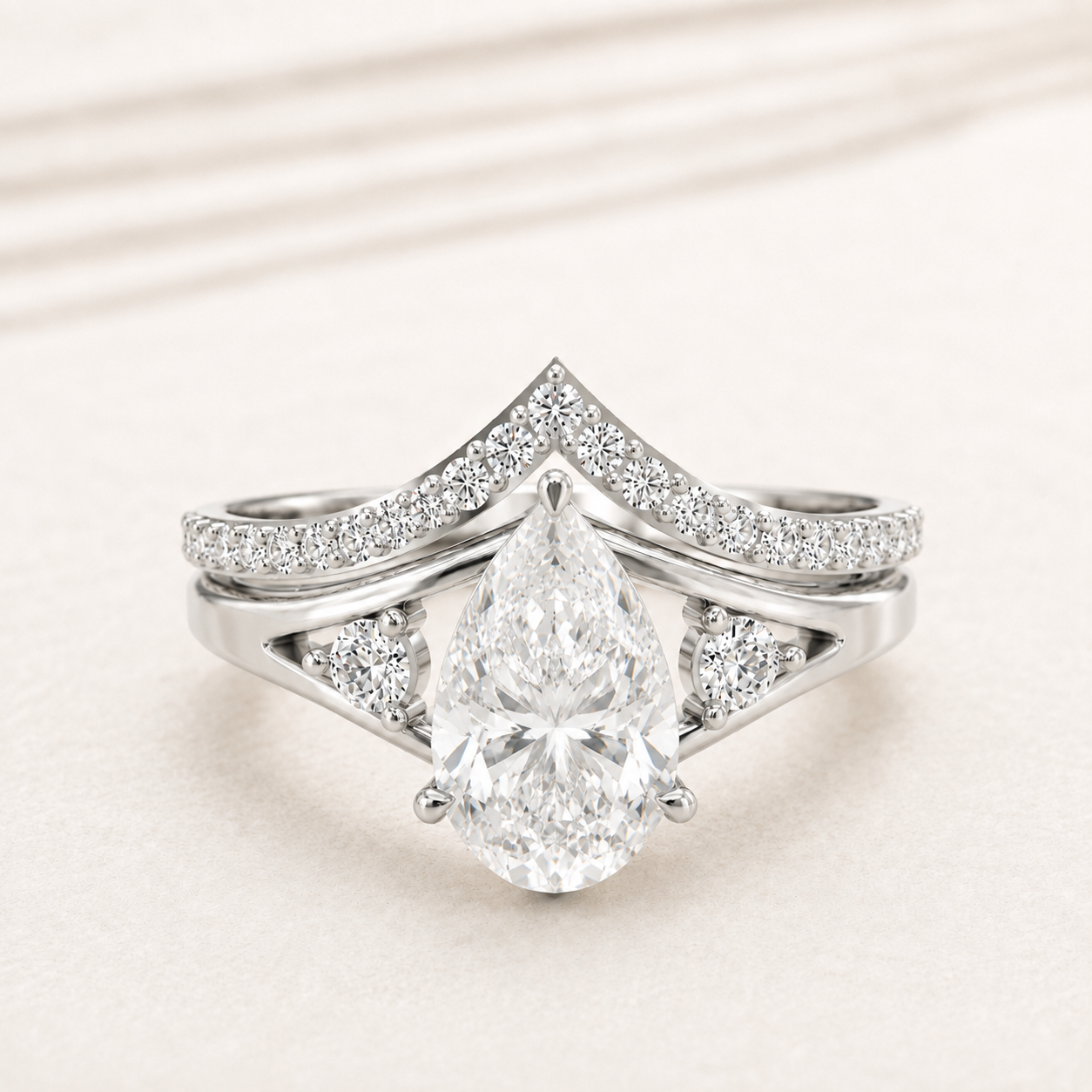 1.00 CT Pear Lab-Grown Diamond Bridal Ring Set in Yellow Gold, White Gold & Rose Gold