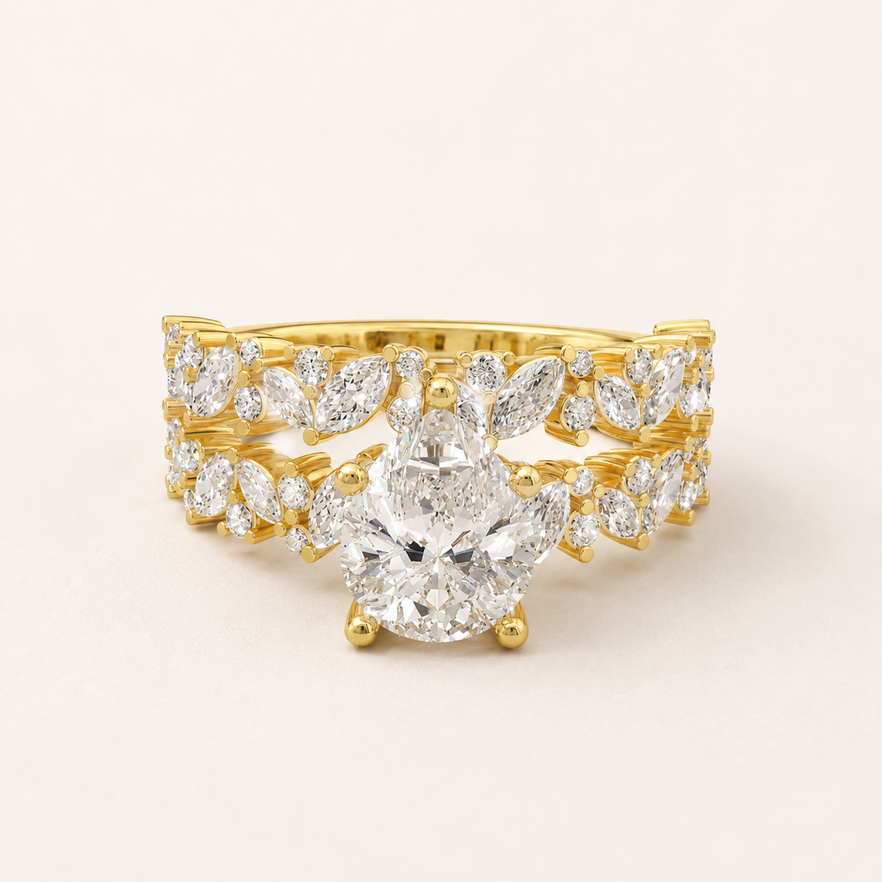 1.60 CT Pear Diamond Leaf Ring in White Gold, Yellow Gold & Rose Gold
