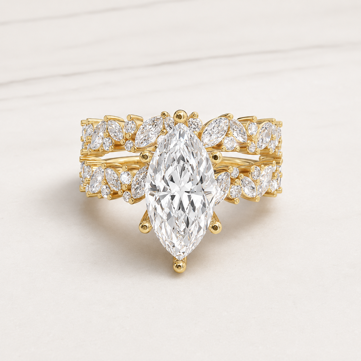 1.00 CT Marquise Diamond Leaf Ring in White, Yellow & Rose Gold