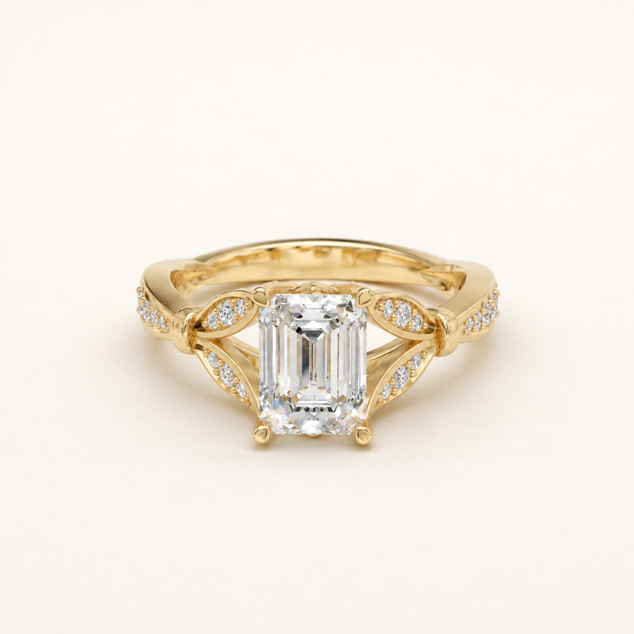 1.50 CT Emerald Cut Diamond Vine Ring in White, Yellow & Rose Gold