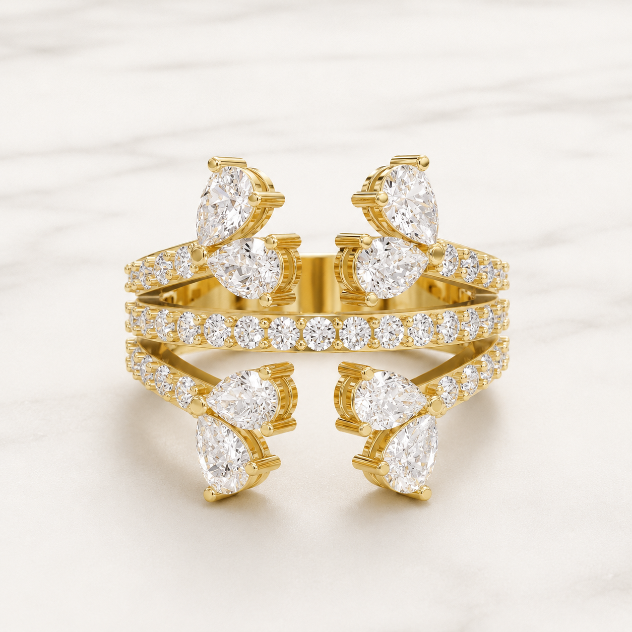 1.44 CT Pear Diamond Statement Ring in Yellow Gold, White Gold & Rose Gold